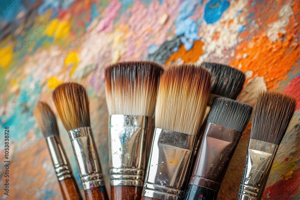 Fototapeta premium A row of paintbrushes are lined up on a table