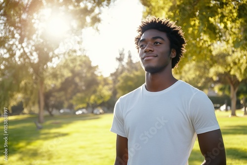 A young man stands in a sunlit park, exuding confidence and calm.