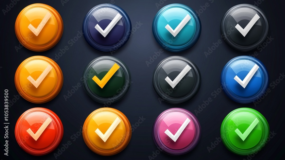 Assortment of vector check marks, both as icons and on buttons, in both tick and cross variants. Assortment of vector check marks, both as icons and on buttons, in both tick and cross variants.