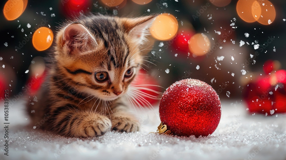 Charming Kitten Exploring Holiday Ornaments in Festive Setting Charming Kitten Exploring Holiday Ornaments in Festive Setting