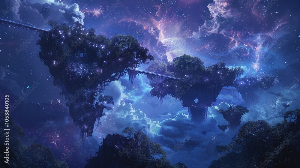 A surreal landscape where giant floating islands are connected by intricate bridges made of light A surreal landscape where giant floating islands are connected by intricate bridges made of light
