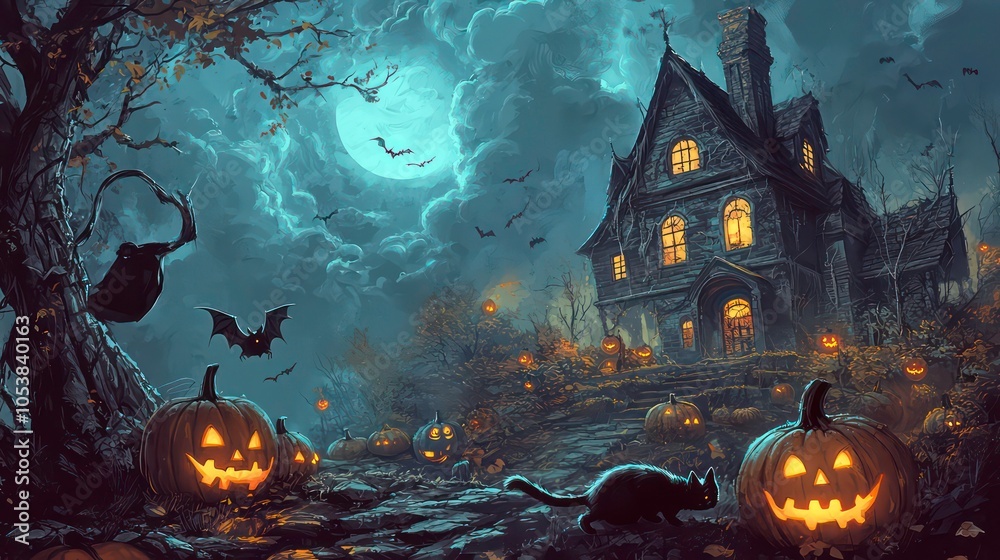 A spooky Halloween scene featuring a haunted house, pumpkins, bats, and a black cat. A spooky Halloween scene featuring a haunted house, pumpkins, bats, and a black cat.