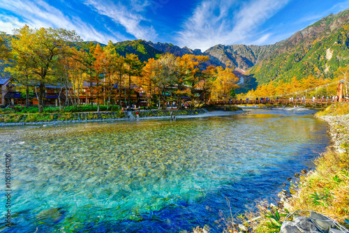 Beautiful mountain in autumn leaf and Azusa river, Kamikochi National Park ,Nagano, Japan