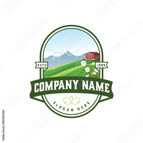 agriculture themed emblem logo with illustration of plantation and farmhouse photo