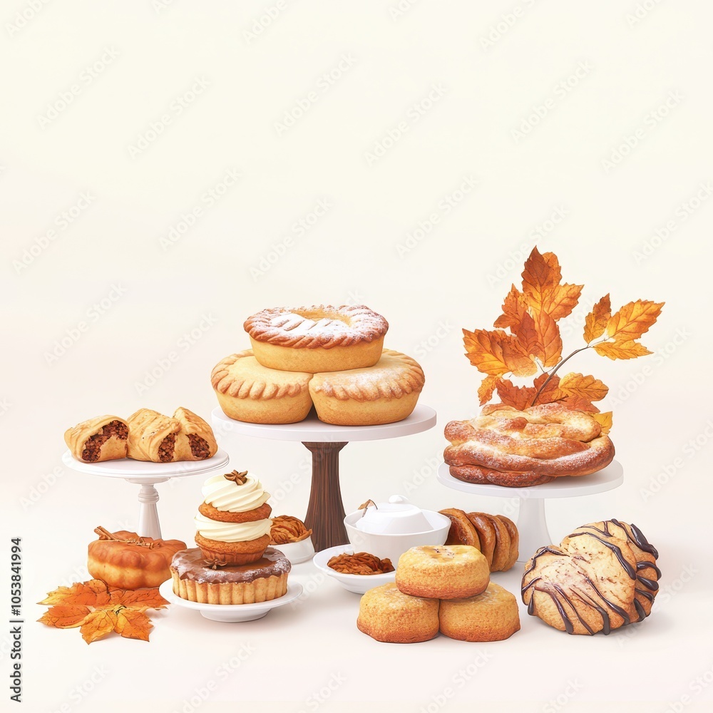 An assortment of delicious cookies and pastries with autumn leaves on a light background. An assortment of delicious cookies and pastries with autumn leaves on a light background.