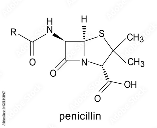 Penicillin chemical formula, atomic structure of molecule