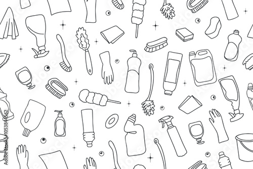 Cleaning equipment seamless pattern. Simple Outline drawn Sponge, brush, mop, spray, rubber gloves. Cleaning service Background. Spring clean elements in Doodle sketch style.. Vector 