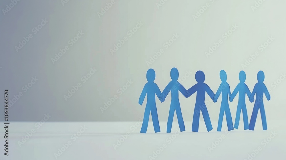 Paper people figures teaming up hand in hand on a minimalist pure color background with ample copy space.Concept of success, business community teamwork, and collaboration. Paper people figures teaming up hand in hand on a minimalist pure color background with ample copy space.Concept of success, business community teamwork, and collaboration.
