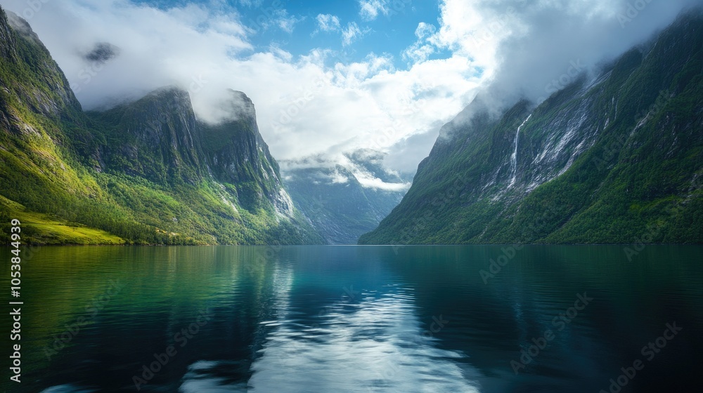 Tranquil Fjord Surrounded by Majestic Green Mountains Tranquil Fjord Surrounded by Majestic Green Mountains