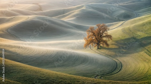 Serene landscape of green grass covered rolling hills without sky. photo