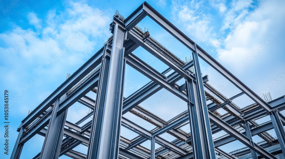 A steel framework structure under a cloudy sky, showcasing industrial construction. A steel framework structure under a cloudy sky, showcasing industrial construction.