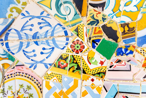 Colorful mosaic background, Spanish trencadis broken tiles texture