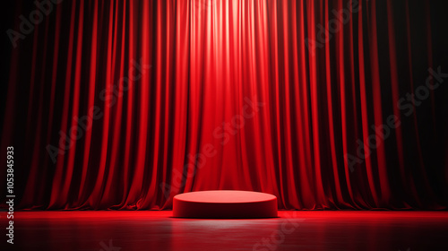 Stage with red curtains and spotlight, perfect for performances and events.