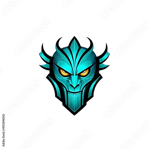 A detailed illustration of a blue dragon's head with yellow eyes, surrounded by black lines, against a white background.