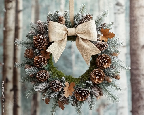 A woodland style Christmas holiday wreath adorned with pinecones and a burlap bow, perfect for festive decoration. photo