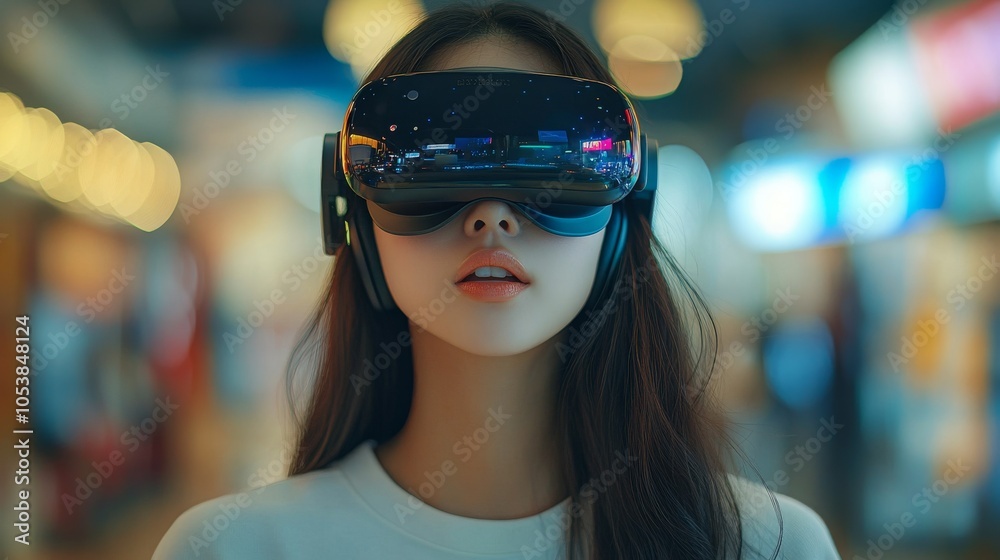 Young Asian woman experiencing virtual reality in a lively shopping mall during the evening Young Asian woman experiencing virtual reality in a lively shopping mall during the evening