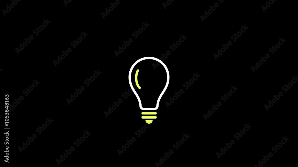 An animated light bulb is flashing on a black background. Alpha channel.