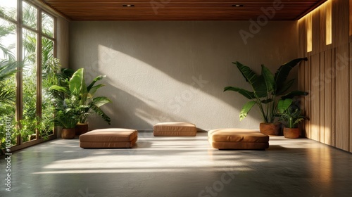 A cozy lounge adorned with soft cushions and surrounded by green plants basking in sunlight, making it a perfect spot for relaxation and comfort in a home setting.
