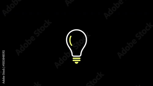 An animated light bulb is flashing on a black background. Alpha channel. Glow effects included.