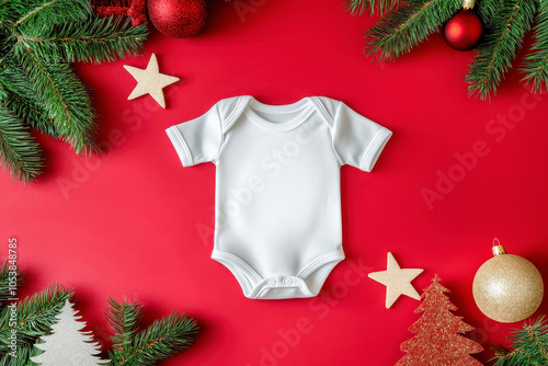 Blank White Baby Bodysuit Blank Mockup Backdrops, Christmas Flat Lay on red background Mock up	