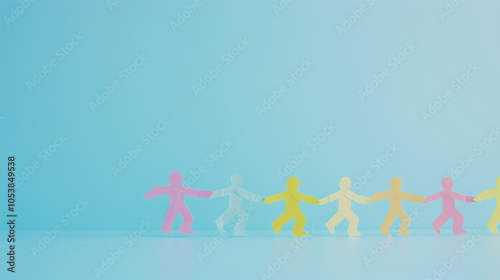 Paper people figures teaming up hand in hand on a minimalist pure color background with ample copy space.Concept of success, business community teamwork, and collaboration. Paper people figures teaming up hand in hand on a minimalist pure color background with ample copy space.Concept of success, business community teamwork, and collaboration.