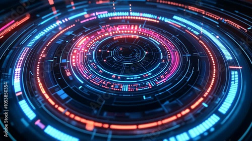 Wallpaper Mural A close-up view of a futuristic, glowing interface with concentric circles in shades of blue and red Torontodigital.ca