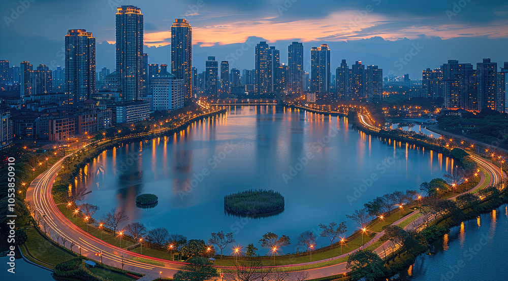 Fototapeta premium The city is located on the river, surrounded by high-rise buildings. The urban park has an oval-shaped circular road with lighting decorations at night. In background of it stand tall office building.