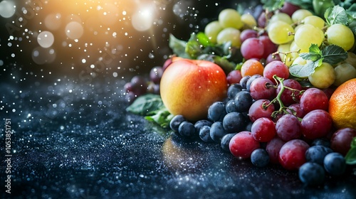 Assortment of healthy fresh fruits and vegetables on a dark background, copy space