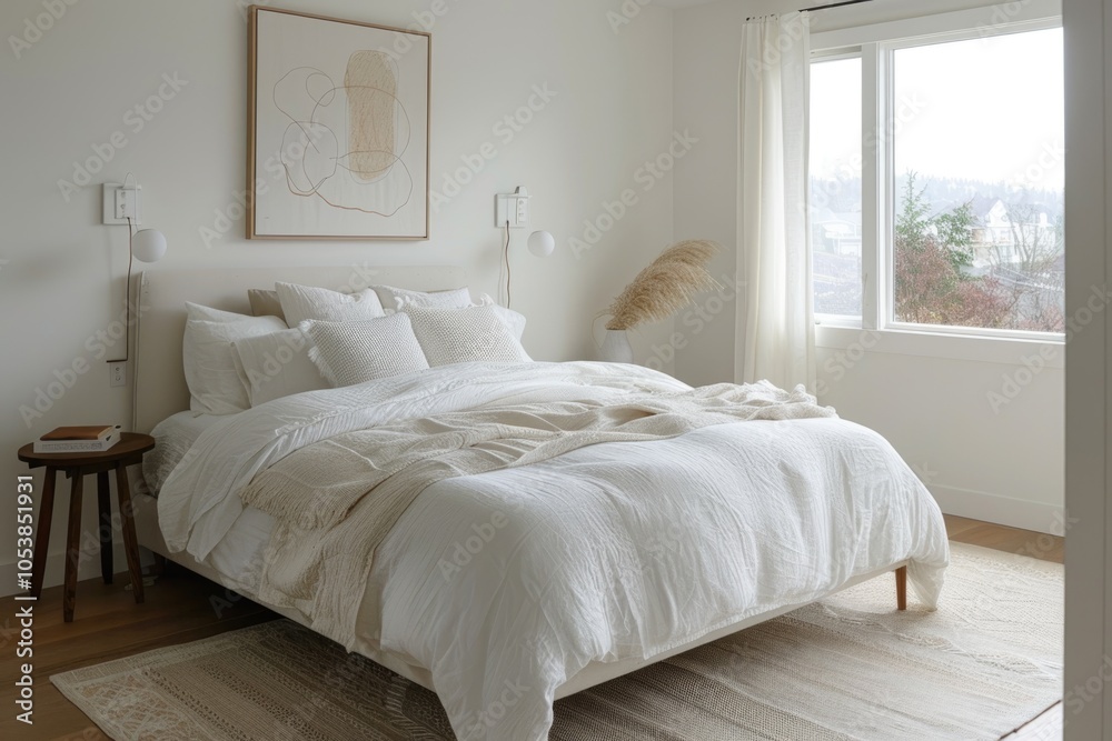Fototapeta premium Minimal white bedroom featuring cozy elements and a serene feel