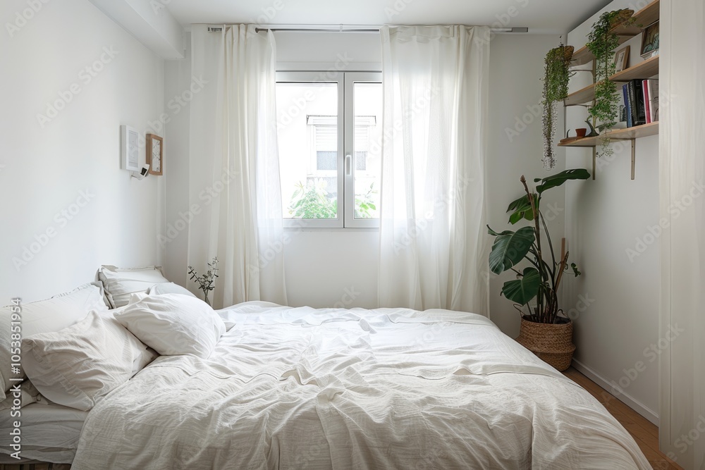 Fototapeta premium Cozy white bedroom with a minimalist aesthetic and comfortable bed