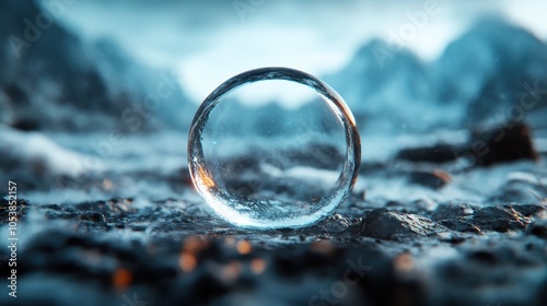 This image presents an ice sphere positioned in a frozen wilderness, surrounded by icy blue hues and stark rugged mountains, evoking feelings of solitude and calm.