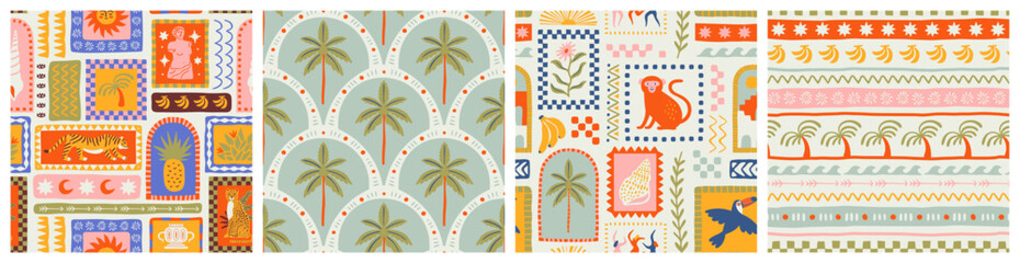 Gardinen Tiermuster Retro hand drawn tropical summer seamless pattern set. Traditional patchwork style background illustration. Vintage exotic nature textile print collection. Jungle animal texture with tiger, palm tree.  © Dedraw Studio