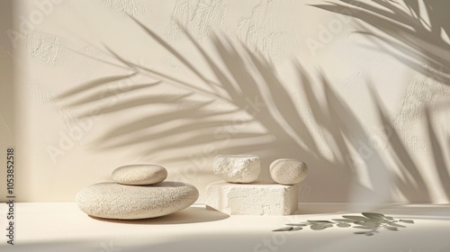 Elegant product display with stone, minimalistic design, and leaf shadows
