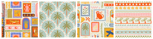 Retro hand drawn tropical summer seamless pattern set. Traditional patchwork style background illustration. Vintage exotic nature textile print collection. Jungle animal texture with tiger, palm tree.