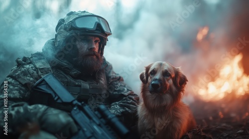 A bearded soldier sits with a dog in a smoky, fired-filled battleground, portraying the harsh realities and unyielding spirit in the aftermath of war. photo