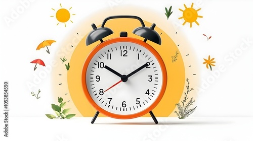 Bright and vibrant showcasing an alarm clock transitioning into the summer season surrounded by warm sunlight and natural elements like foliage flowers