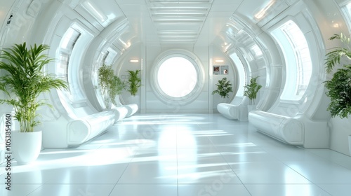 This image captures a bright, futuristic space lounge, featuring lush green plants and a large circular window that emits a calming and serene natural light. photo