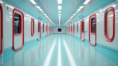 A clean, professional dental office corridor features blue and red door accents, showcasing a modern design with bright lighting and a reflective surface. photo