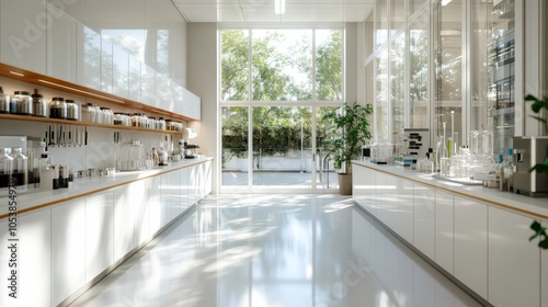 A laboratory space is filled with light from large windows, featuring ample counter space, diverse glassware, and potted plants, creating a productive atmosphere. photo