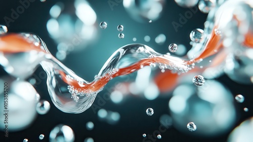 The image captures the mesmerizing flow of liquid elegantly intertwining with bubbles, creating an artistic representation of motion, fluidity, and visual allure. photo