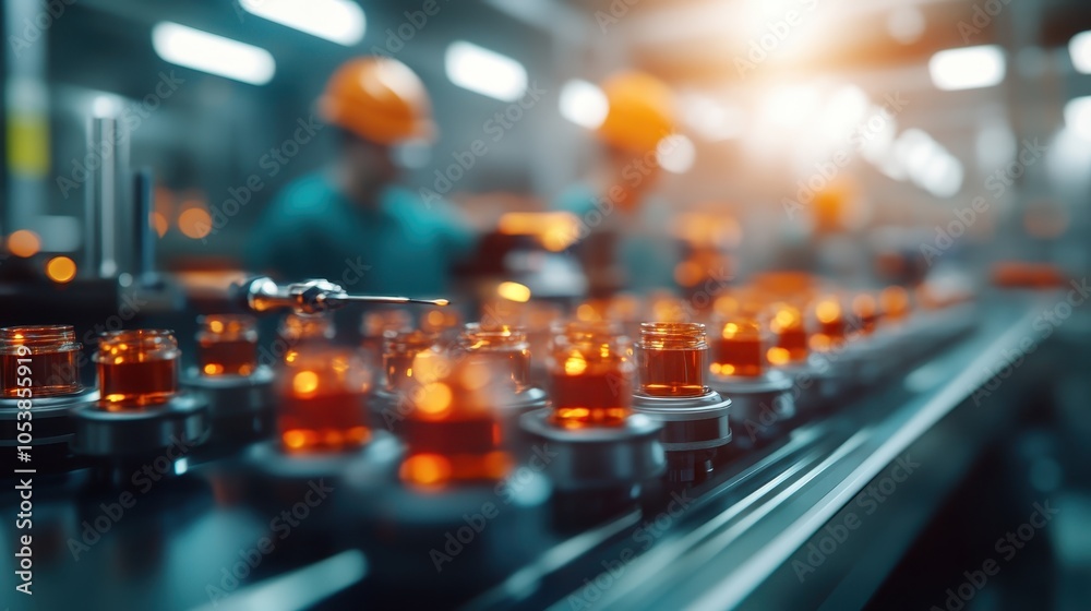 Engineers wearing orange helmets monitor a high-tech automated process in a brightly lit factory environment, showcasing human oversight and modern technology. Engineers wearing orange helmets monitor a high-tech automated process in a brightly lit factory environment, showcasing human oversight and modern technology.