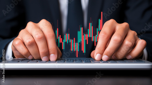 Hands typing on digital keyboard with holographic financial data, consulting, precisiondriven financial analysis photo