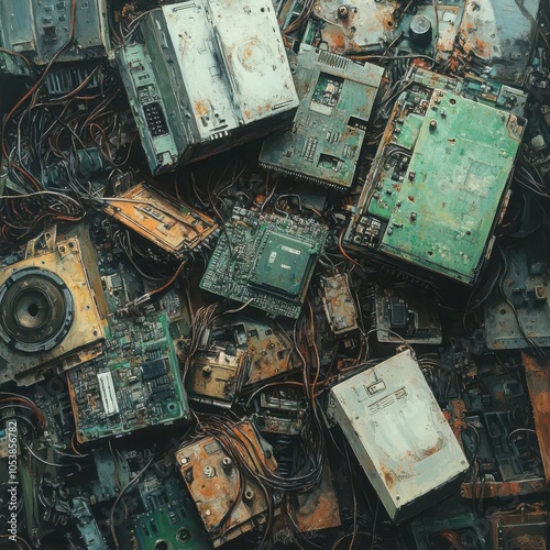 A heap of obsolete circuit boards, tangled wires, and plastic cases, all rusted and decayed, highly detailed, industrial tones of grey and green, soft lighting from above photo