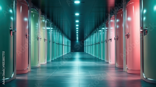 A sci-fi inspired hallway featuring vividly colorful capsule-like structures, representing futuristic design and advanced technology in a glowing environment. photo