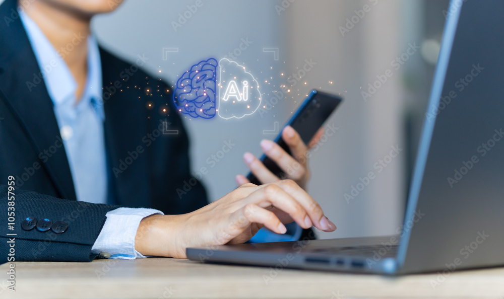 Fototapeta premium businessman,using laptops and phones,digital touch screen, hemispherical brain icon,representing development,AI,innovation,future,of technology,intelligent network,advancement artificial intelligence.