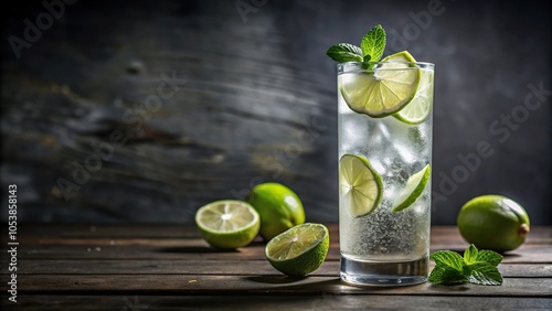 Refreshing gin rickey cocktail in highball glass