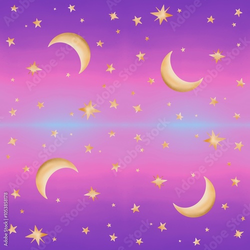 Celestial Night Sky with Golden Moons and Stars Ideal for use in wallpapers, textile patterns, stationery, and home decor.This pattern mystical, cosmic atmosphere and is perfect for designs a magical 