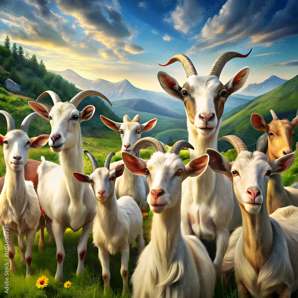 Obraz premium photorealistic flock of goats in nature