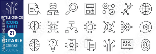 A set of line icons related to Intelligences. Brain, lightbulb, gear, network, DNA, globe, fingerprint, chips, AI, algorithm, and so on. Vector editable stroke.