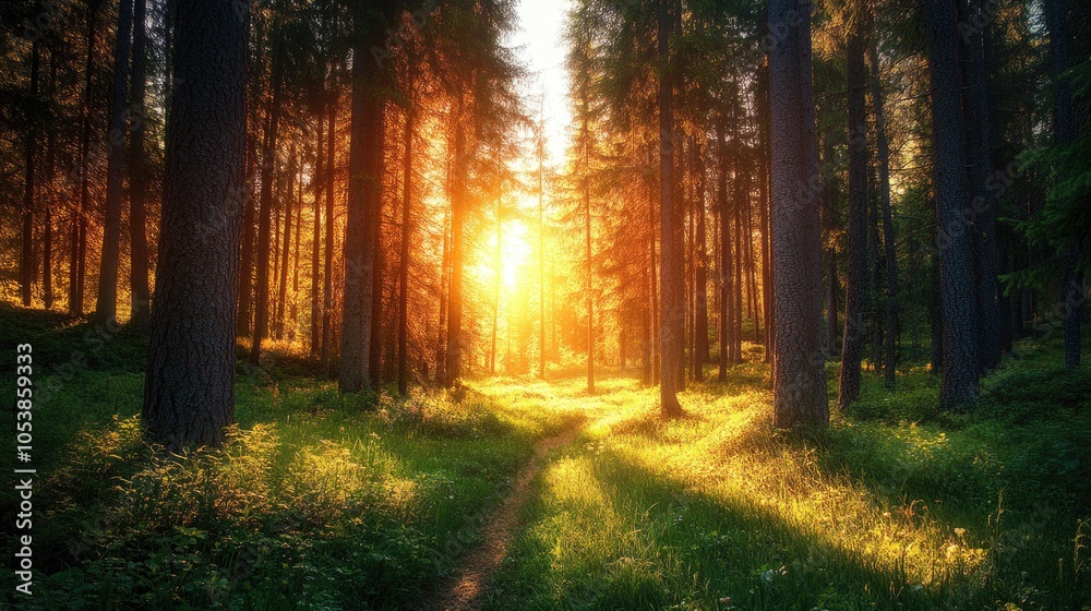 Fototapeta premium Sunbeams Illuminating a Forest Path